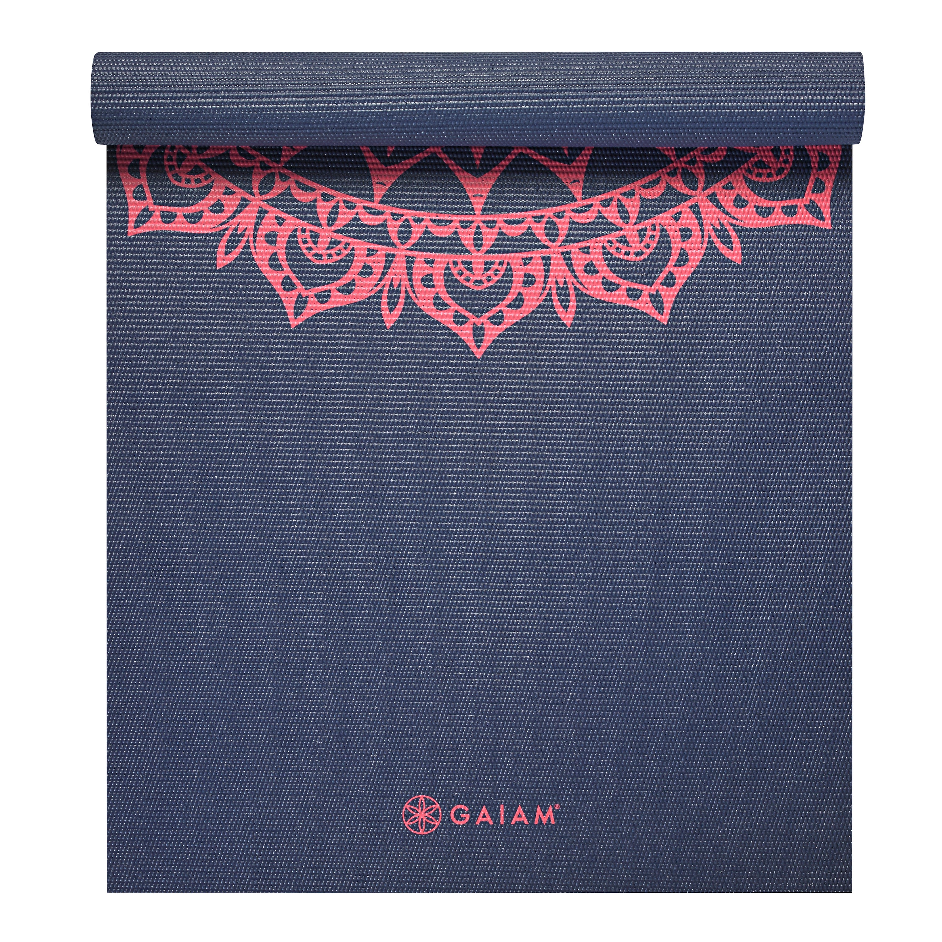 Gaiam Navy Fleur Marrakesh Yoga Mat (4mm) top rolled